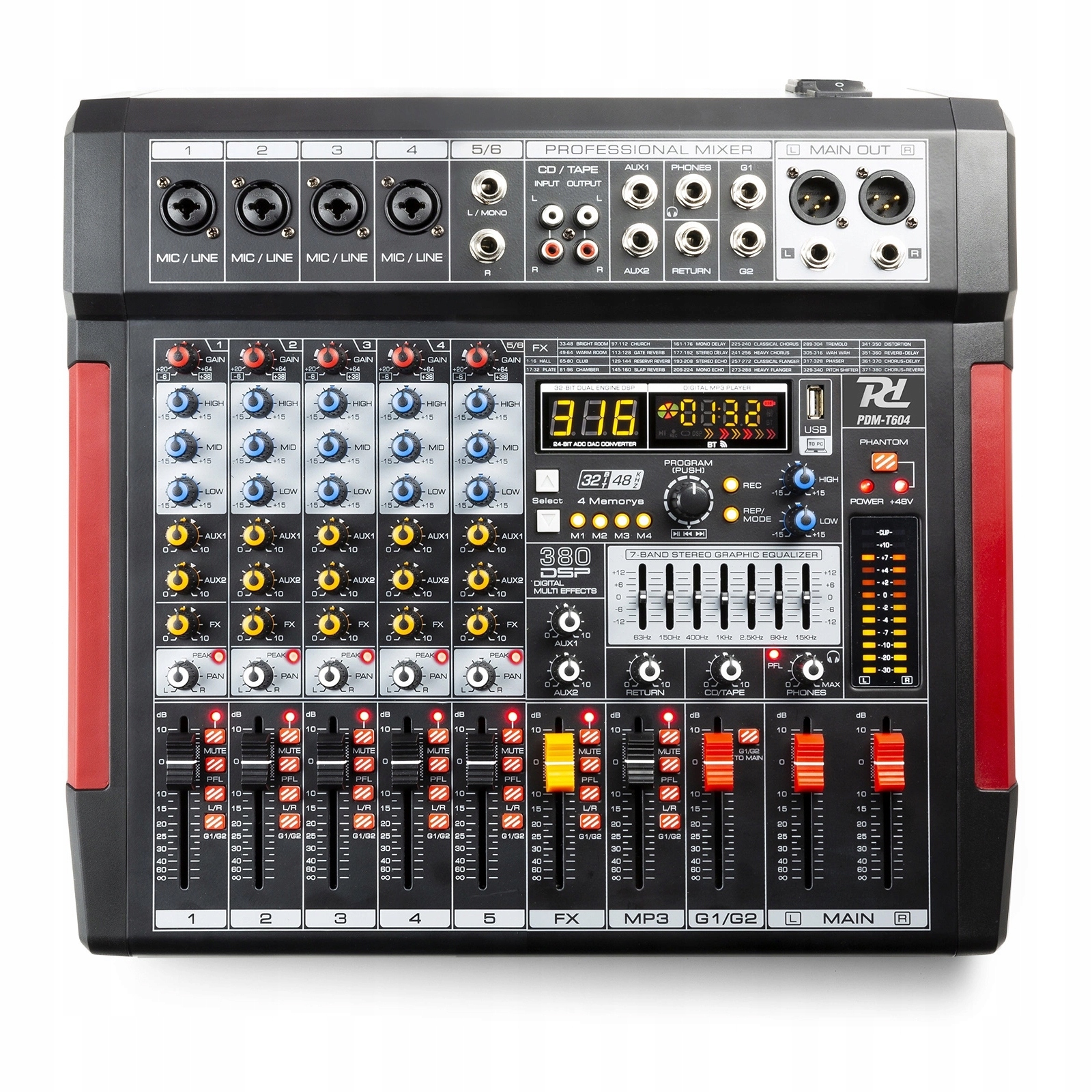 Power Dynamics PDM-T604 Esterdový mixér 6-kanálový Dsp Usb Bt Phantom +48V