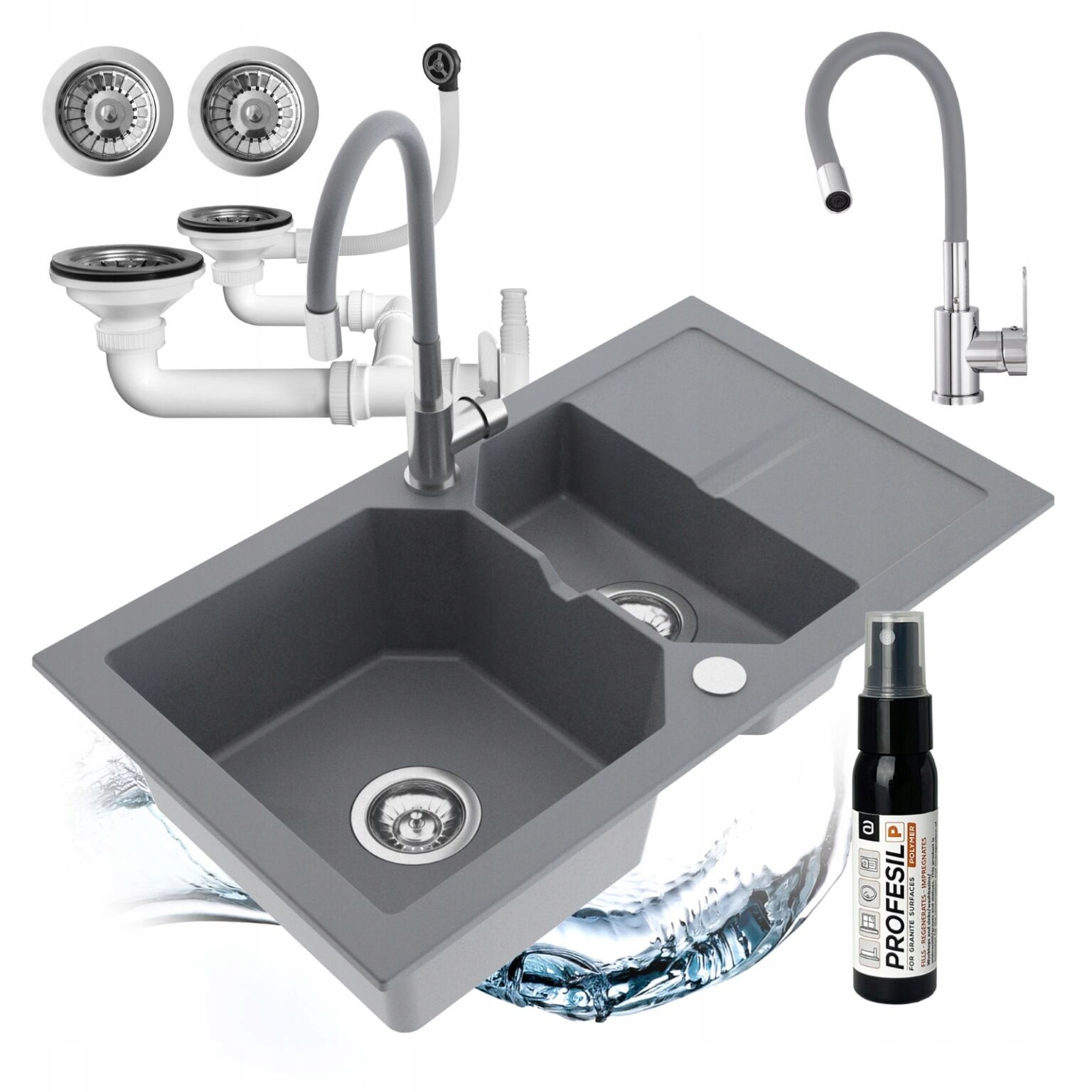 Polokomorový Kuchynský Drez Kenzo, Granitový Sifón, Flexibilná Batéria