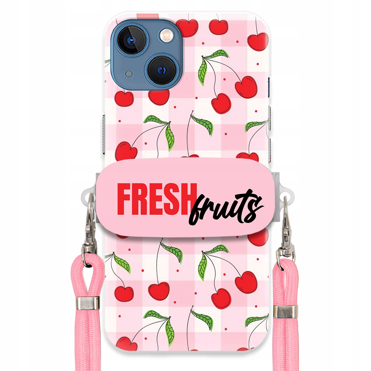 Puzdro pre iPHONE 14 Case držiak na šnúrku Ružový Fresh Fruits Mriežka Ovocie