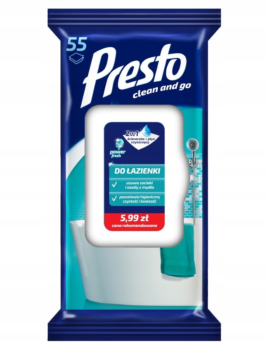 

Presto Ściereczki nawilżane do łazienki 55 szt 2w1