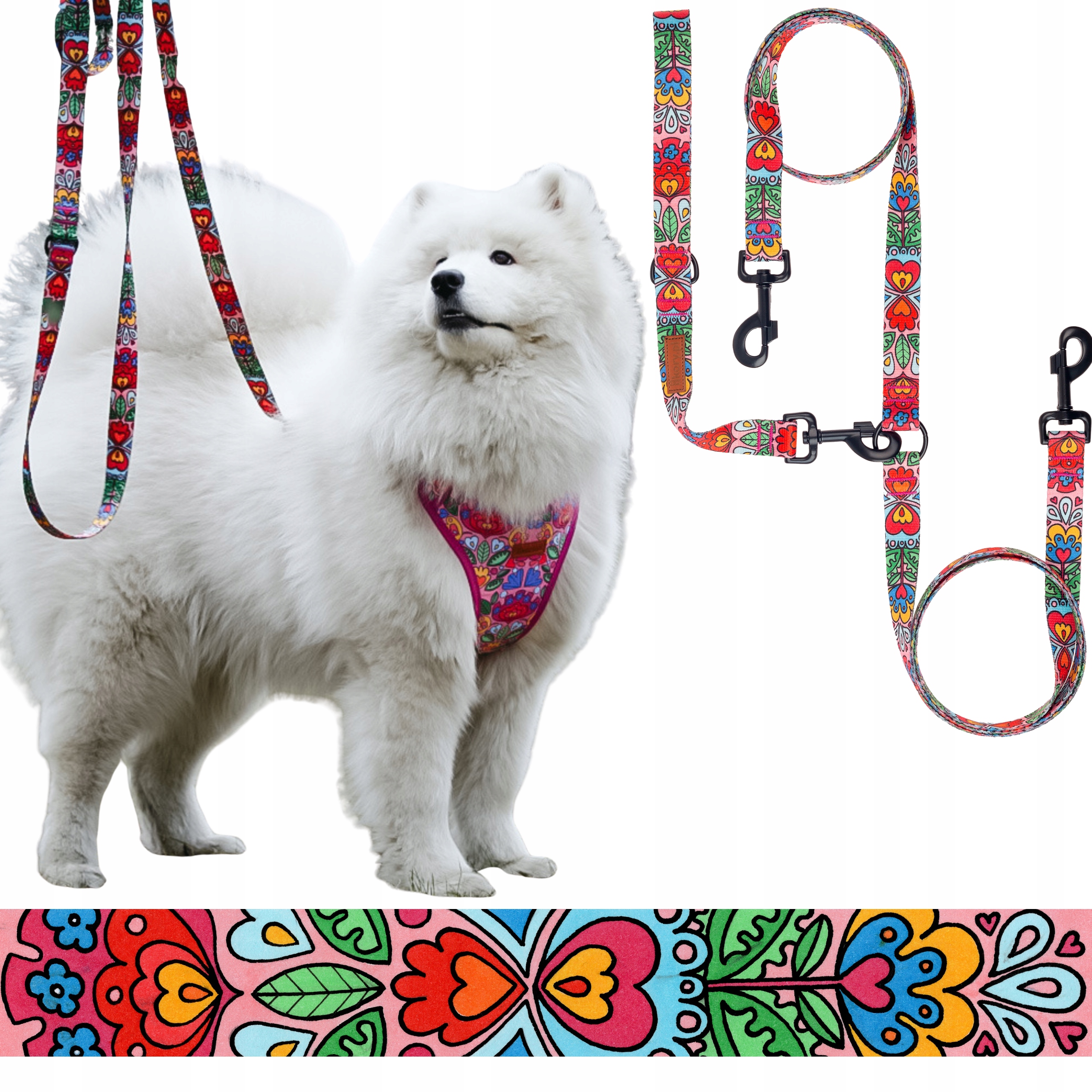 Levně Vodítko Dvojitá pro 2 psy Dvojník 1,58 m páska 1,5 cm Ukory Růžová srdíčka