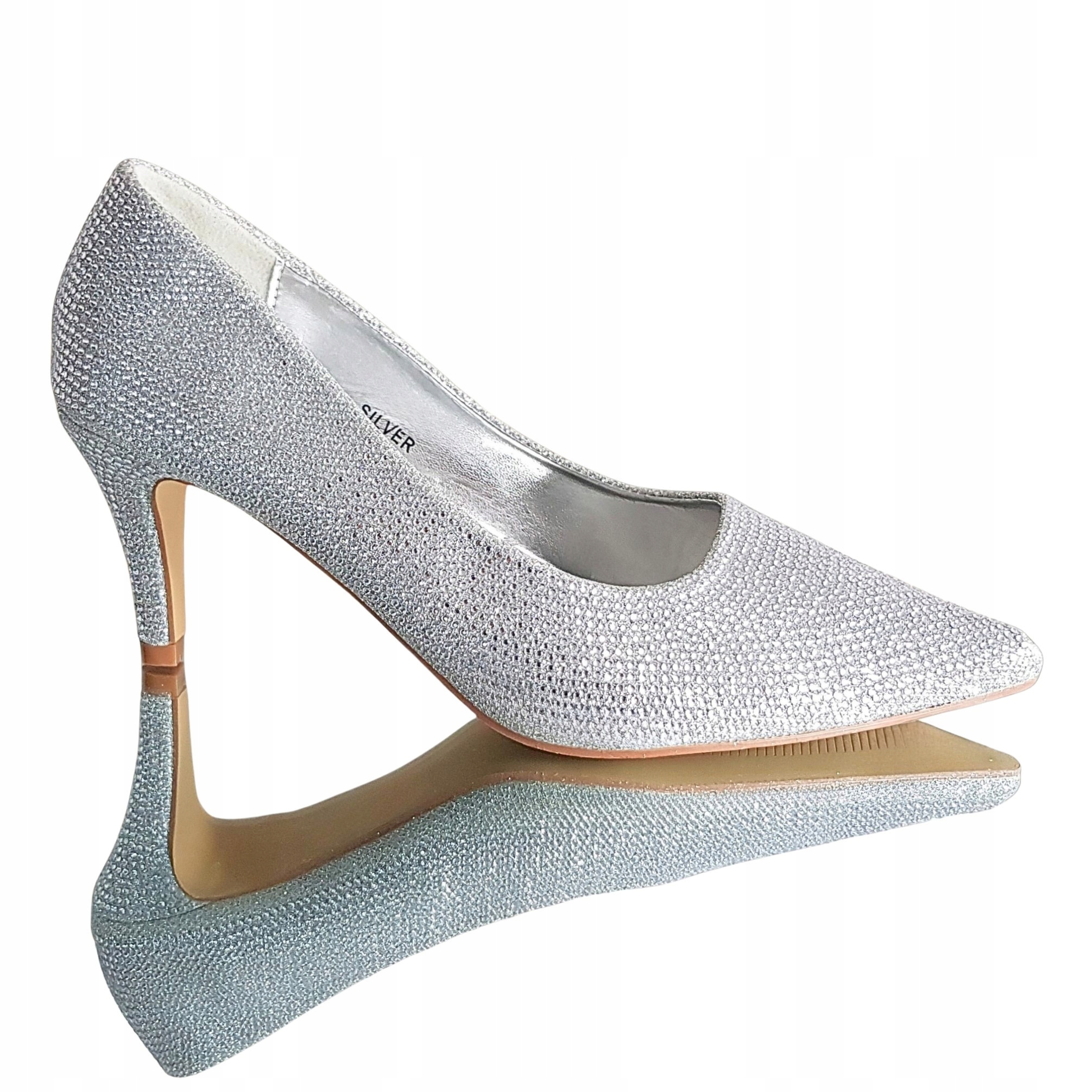 Srebrne Buty Czółenka Glamour Niskie 6,5 Cm Szpilki Brokat Cyrkonie 39