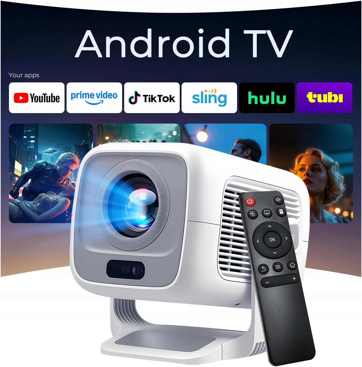 Mini projektor Full Hd 1080p, Wi-Fi 6, Android, automatické ostření, otočný o 270°