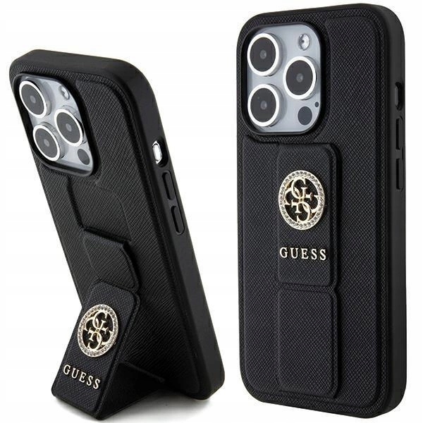 Pouzdro Guess Grip Stand 4G Saffiano Strass pro iPhone 15 Pro Max černé