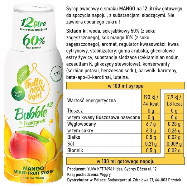FruttaMax LIGHT SYROP KONCENTRAT DO SATURATORÓW SMAK MANGO NA 12l Kod producenta 5998571760087