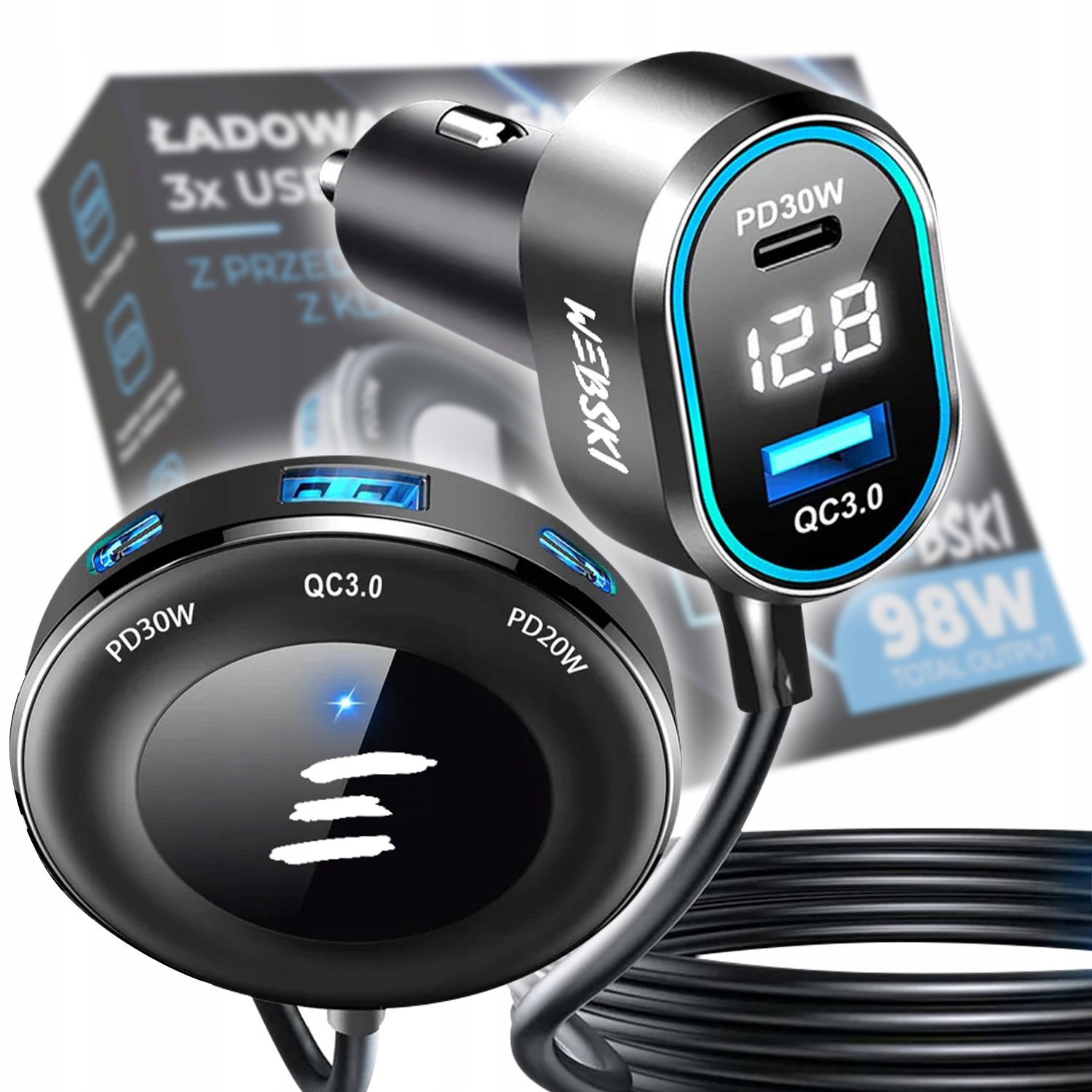 Automobilová 98W 2xUSB 3xUSB-C Displej Podsvícení LCD