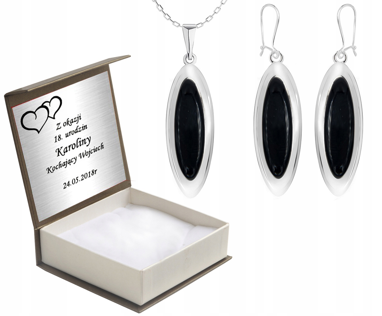 

Komplet Biżuterii Srebrnej Z Onyksami + Grawer