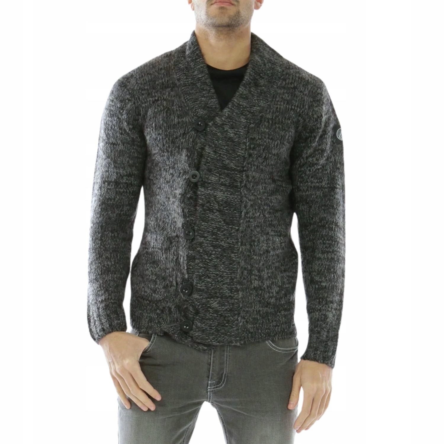 Pánský svetr Hopenlife Ekomora šedý melír s mohérovým zapínáním vel. S