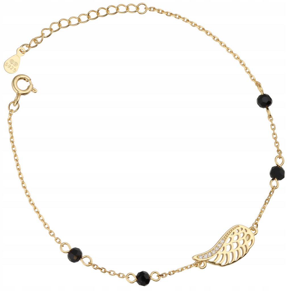 Bransoletka srebrna pozłacana skrzydło anioła czarne koraliki srebro 925