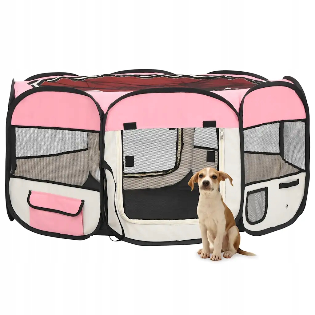 Levně vidaXL Skládací ohrádka pro psy s taškou růžová 145 x 145 x 61 cm