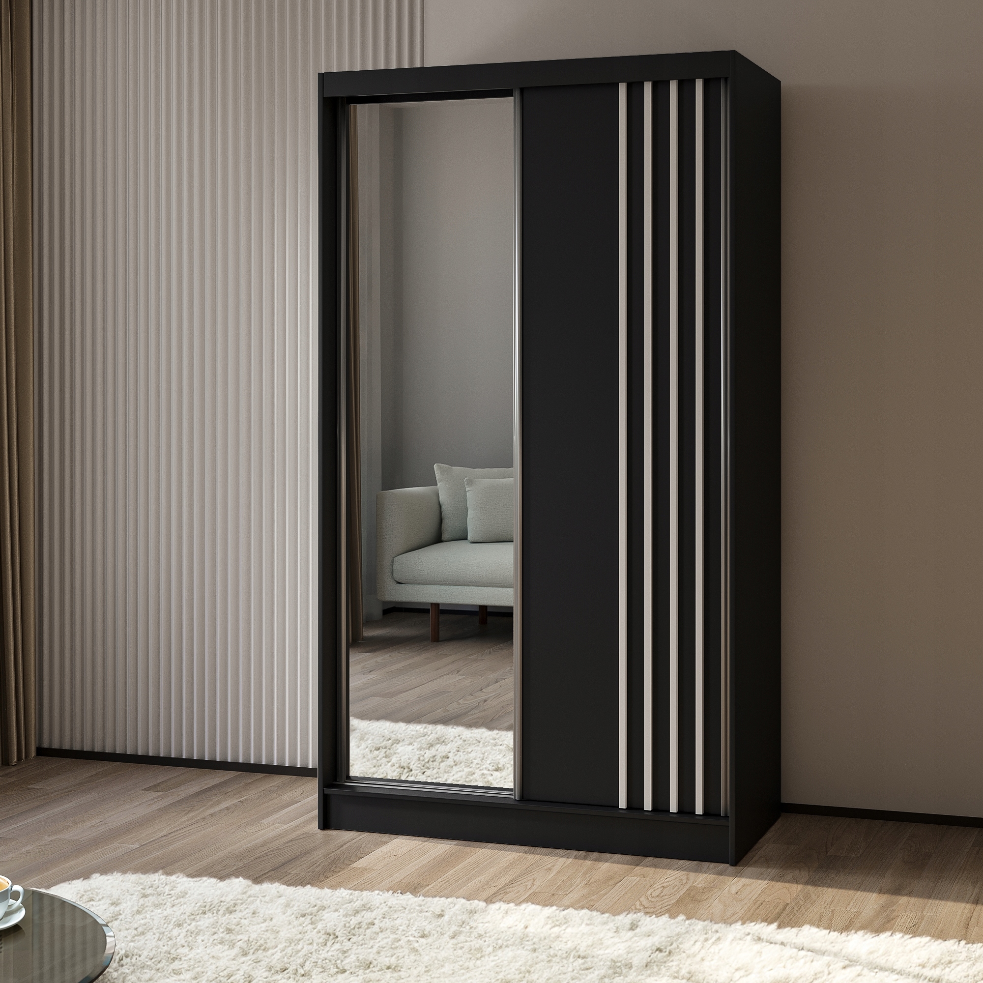 Skříň dvoudveřová Nelvia 120 cm Skříň se zrcadlem Posuvná černá
