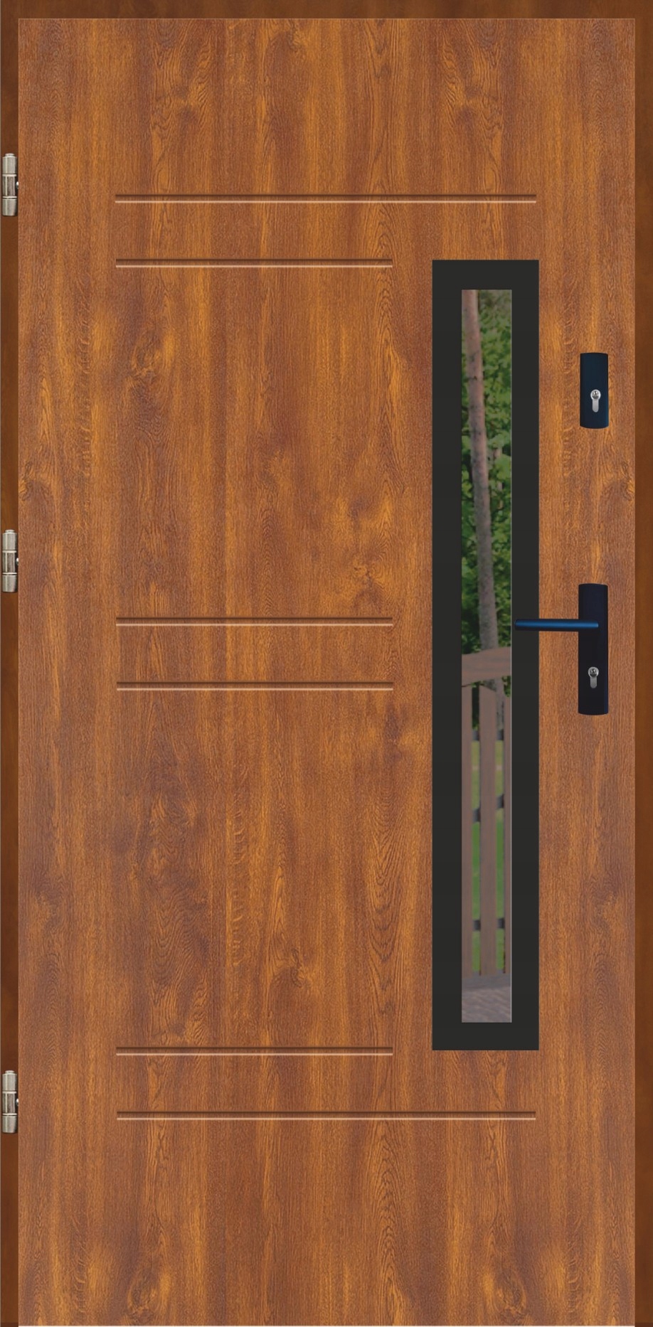 Drzwi wejściowe GEREDA 55mm GALA 87 BLACK Złoty dąb Lewe 90 na zewnątrz