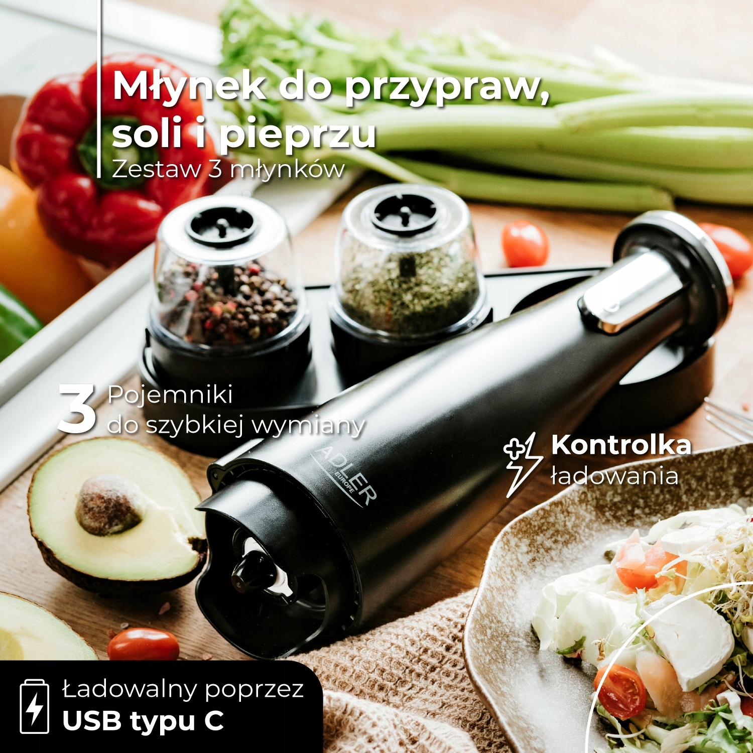 Zestaw 3 Młynek do Przypraw Adler AD 4449 Czarny - USB