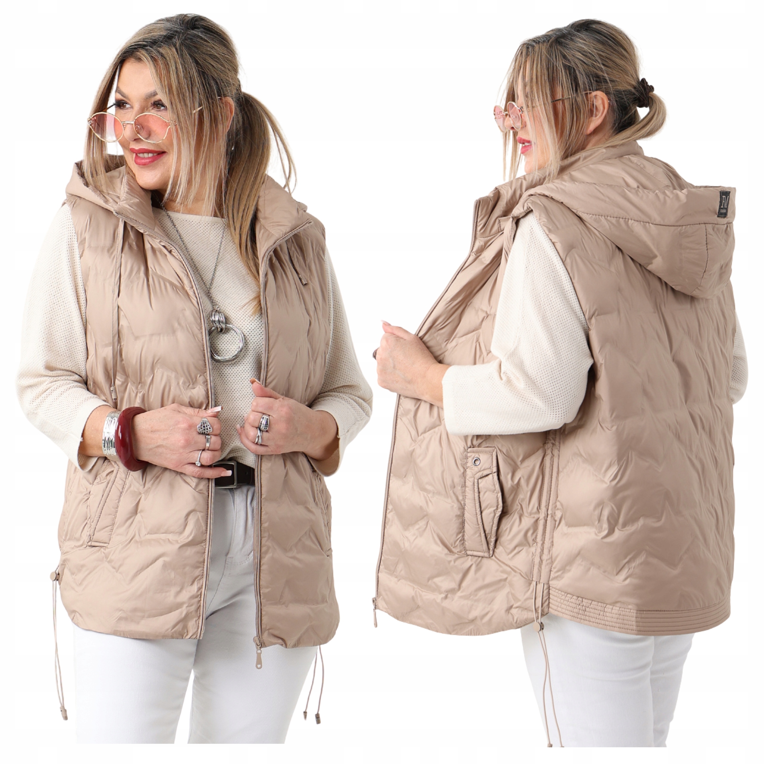 Bezrękawnik Damski Kamizelka Pikowana Przejściowa Duże Rozmiary Z Kapturem