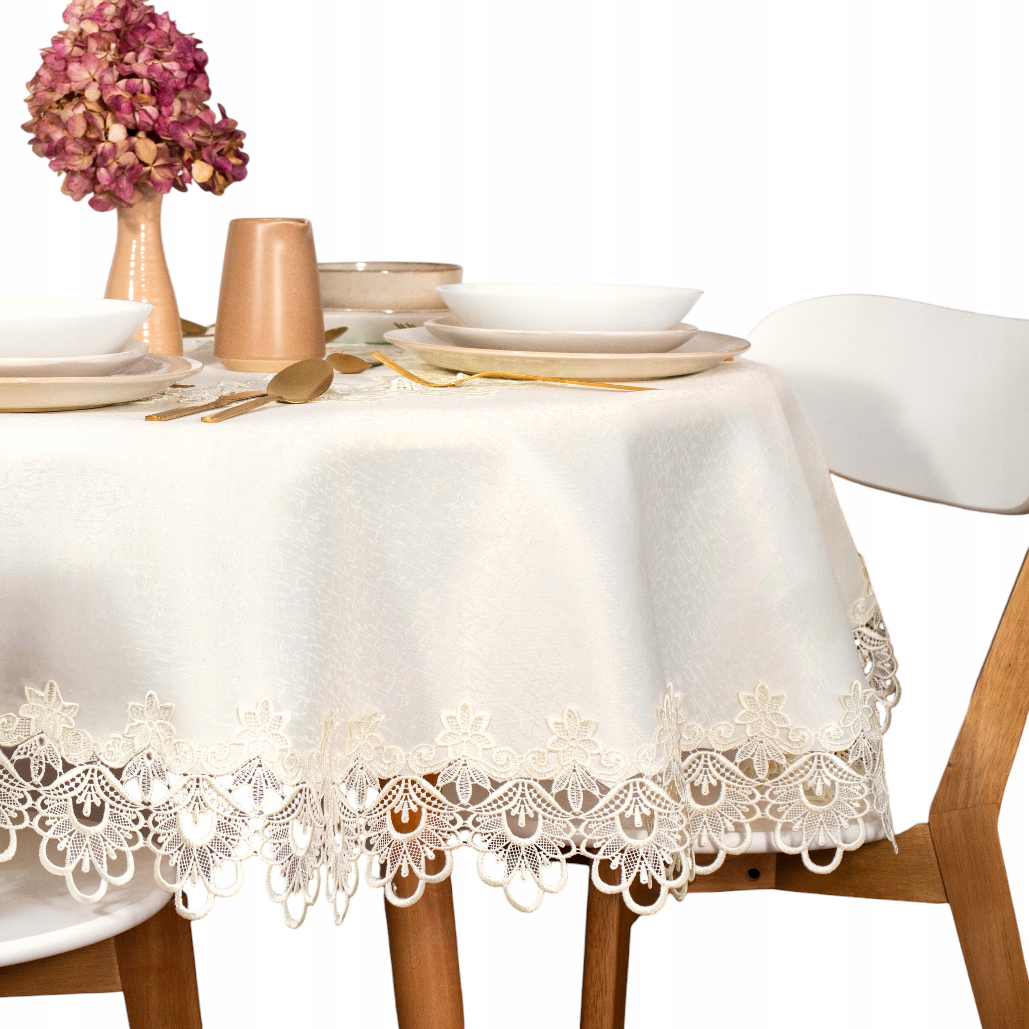 Obrus okrągły Plamoodporny na stół Ecru 150x150 z gipiurą Koło