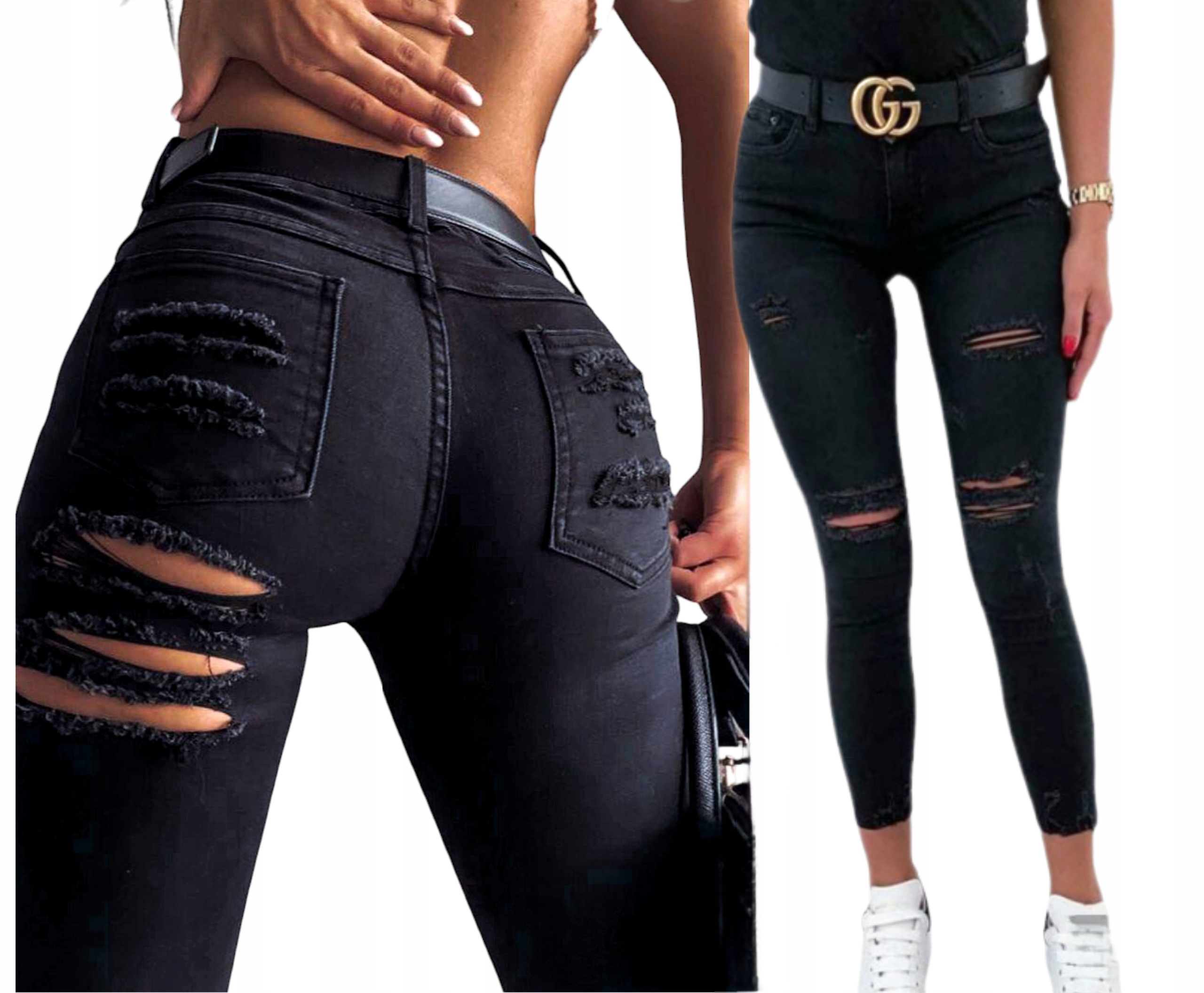 Damskie Jeansy Spodnie Modelujące Z Dziurami L 40 Czarne Wyszczuplające
