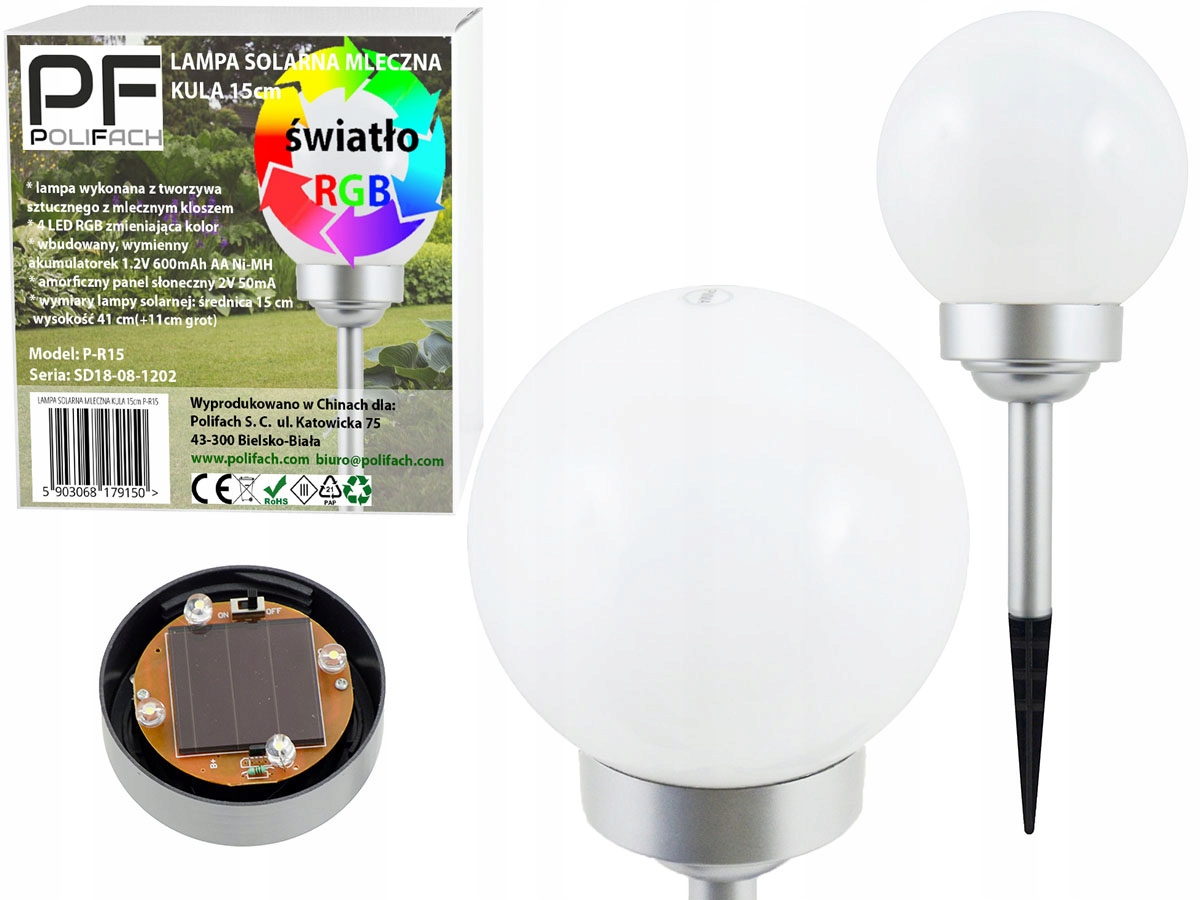 

lampa solarna Rgb kolor led Biała Kula 15cm PR-15