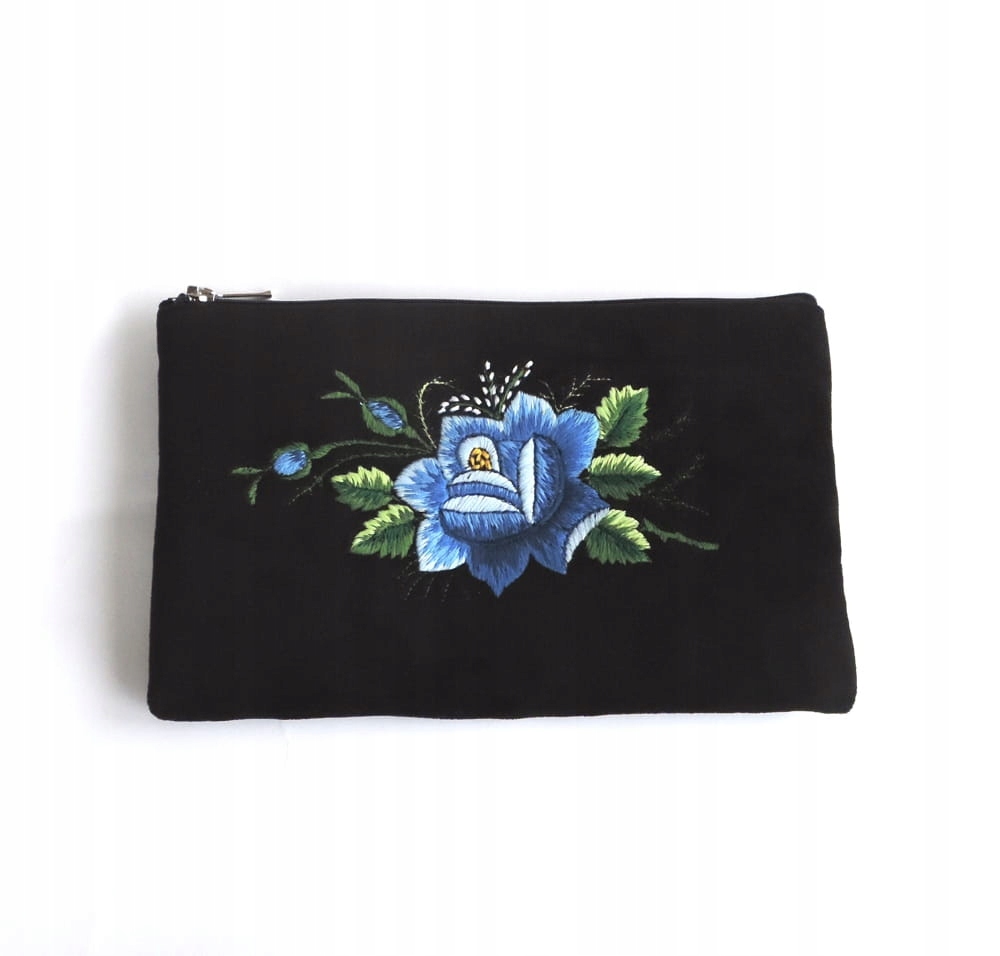 Plochá Kosmetická Taška Folk Rybářská Výšivka Modrá Růže Ruční Práce