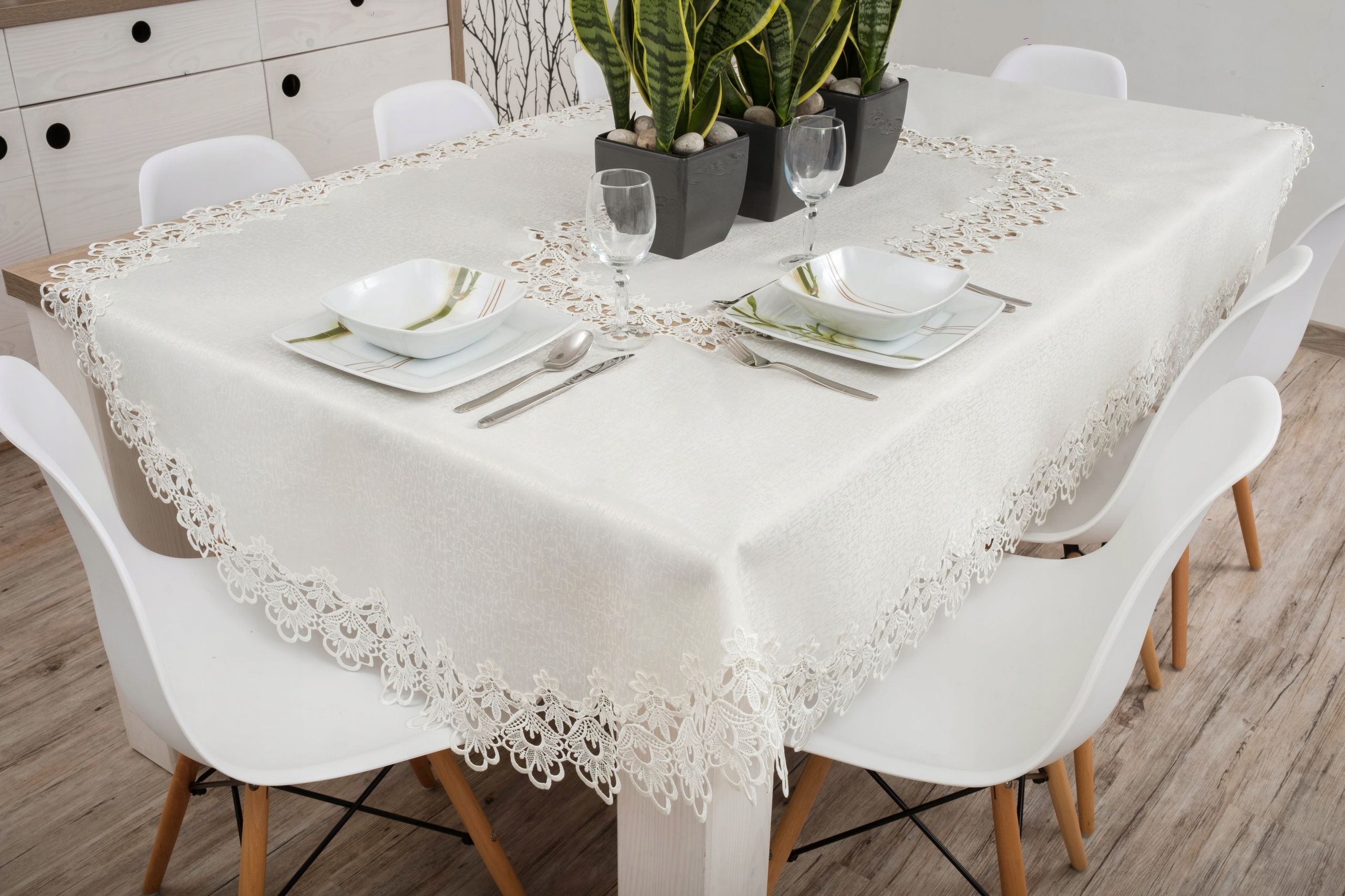 Obrus OWALNY z gipiurą plamoodporny 160x300 ECRU Kod producenta 384