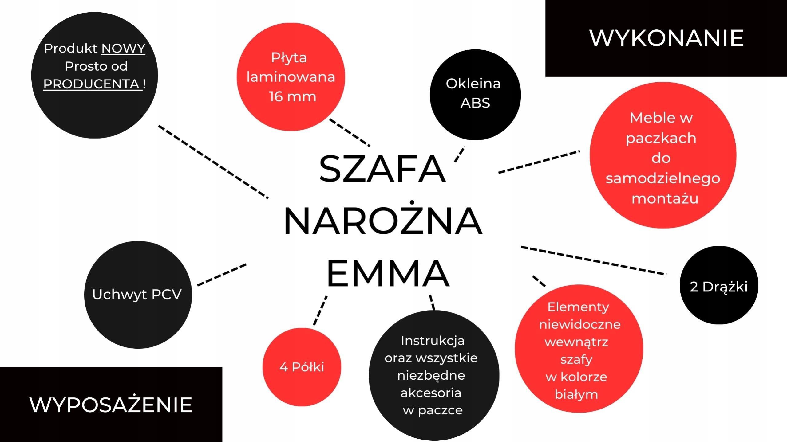 SZAFA NAROŻNA EMMA + LUSTRO 80 cm - BIAŁA Głębokość mebla 46 cm