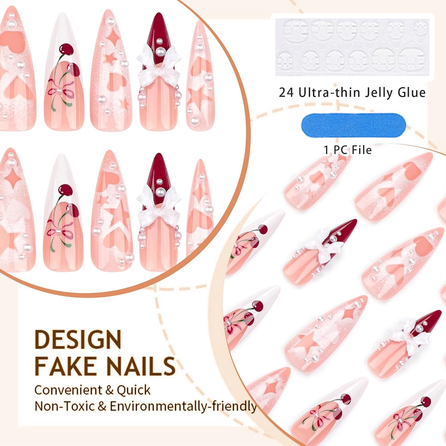 Umělé Nehty Stiletto 24KS French Tip Růžové 3D Mašle