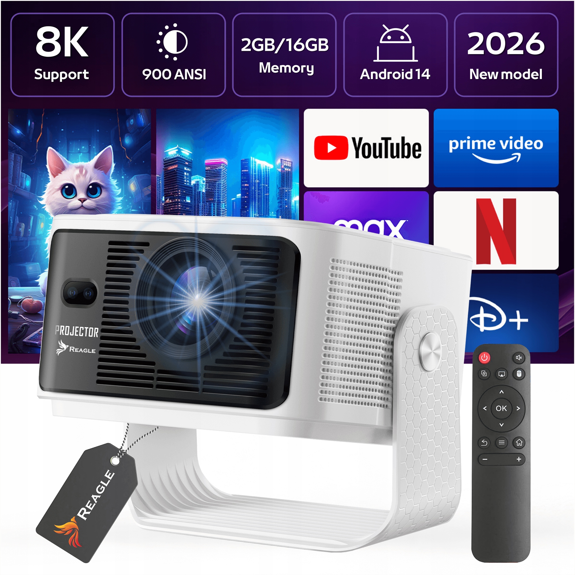 Projektor Led Projektor 900 Ansi 8K 4K 140" Android 14 Smart Tv Wifi 6 HDR10