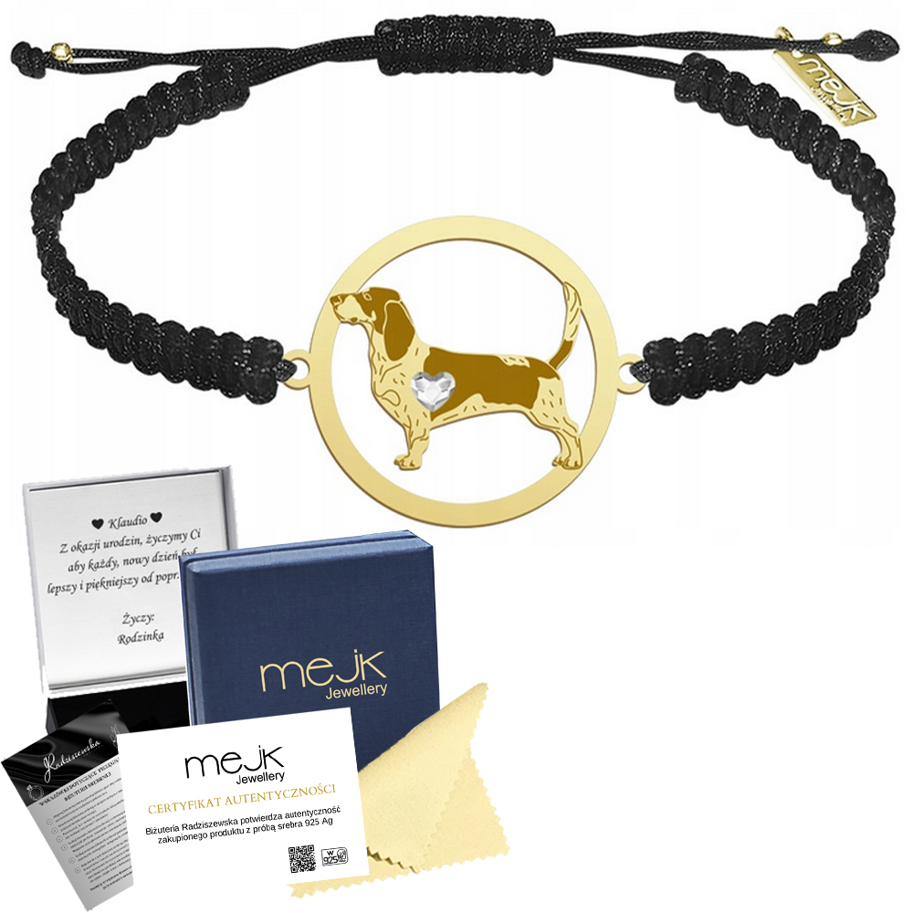 Zlatý náramek se psem Basset Bleu de Gascogne 925 Dárek Makramé Gravírování