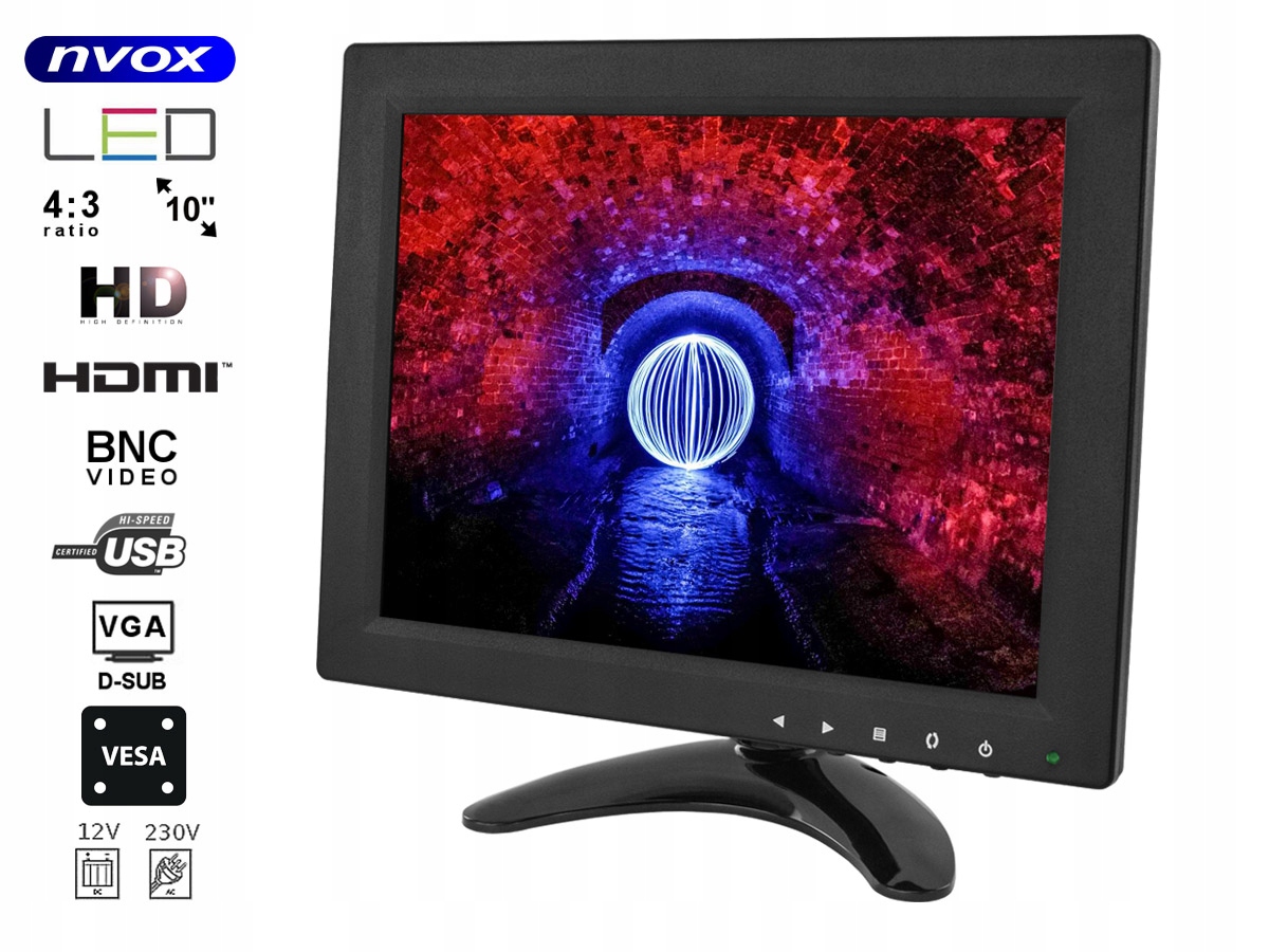 NVOX Monitor LED 10' VGA HDMI USB 12/230V Gw.30m. Marka Nvox