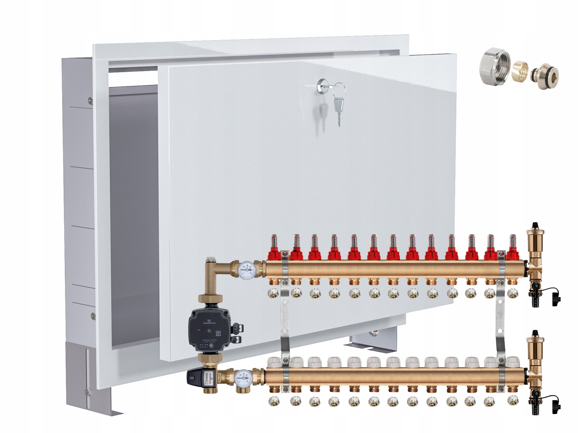 Mosazný Rozdělovač Podlahovky 13 S Čerpadlem Grundfos+podomítková Skříňka+pex