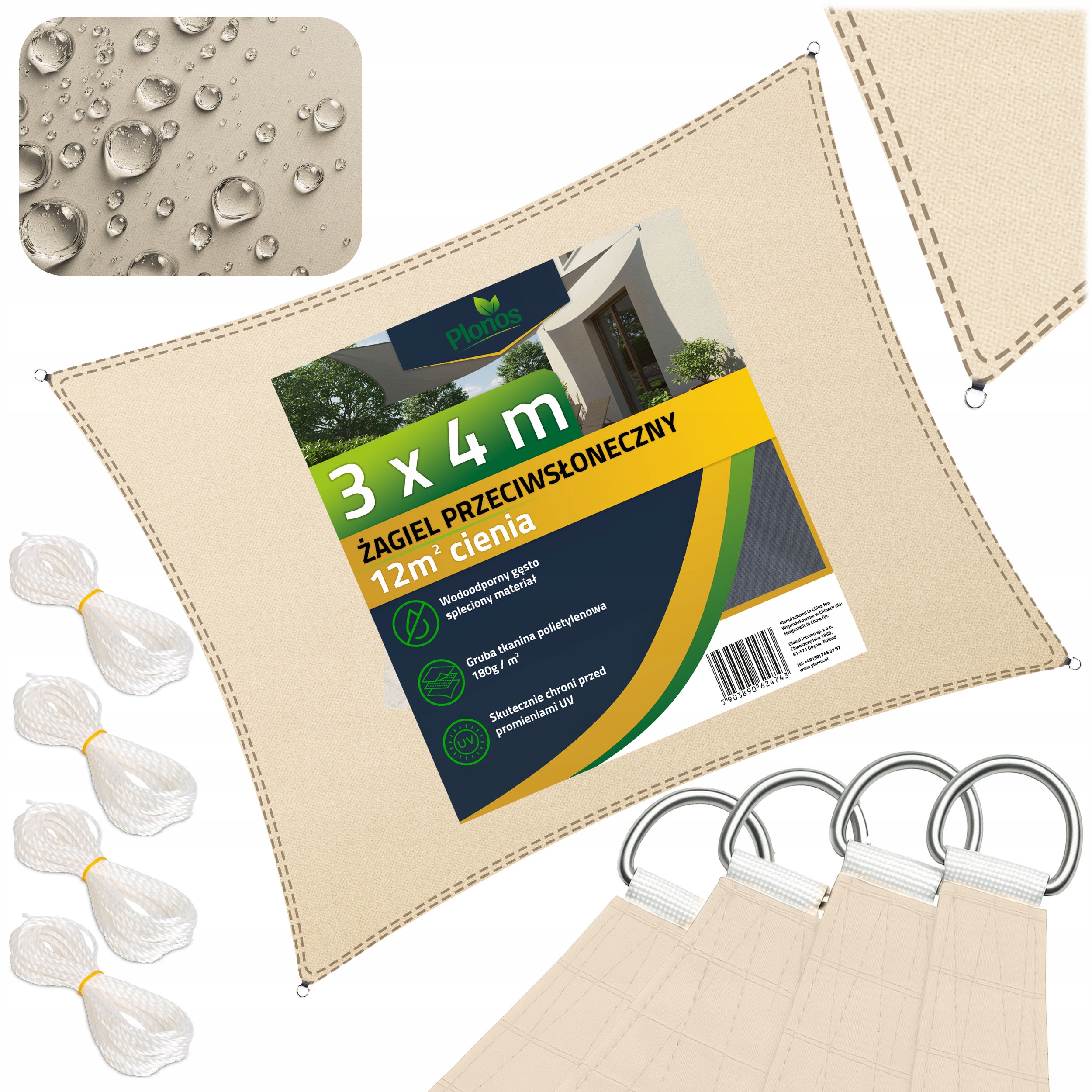 Żagiel Przeciwsłoneczny Prostokątny Ogrodowy 180g Na Taras Wodoodporny 4x3m