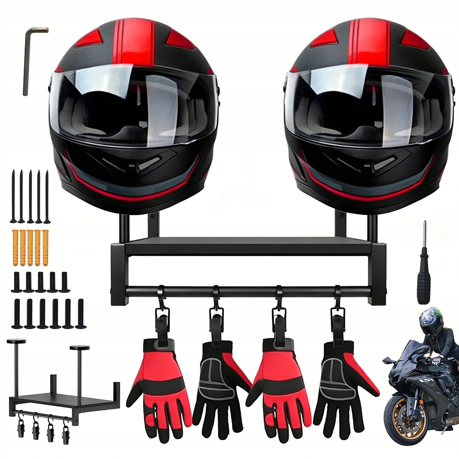 Stojak Ścienny Wieszak Motocyklowy Półka 2 Haki Kaski Kurtki Studio Dom