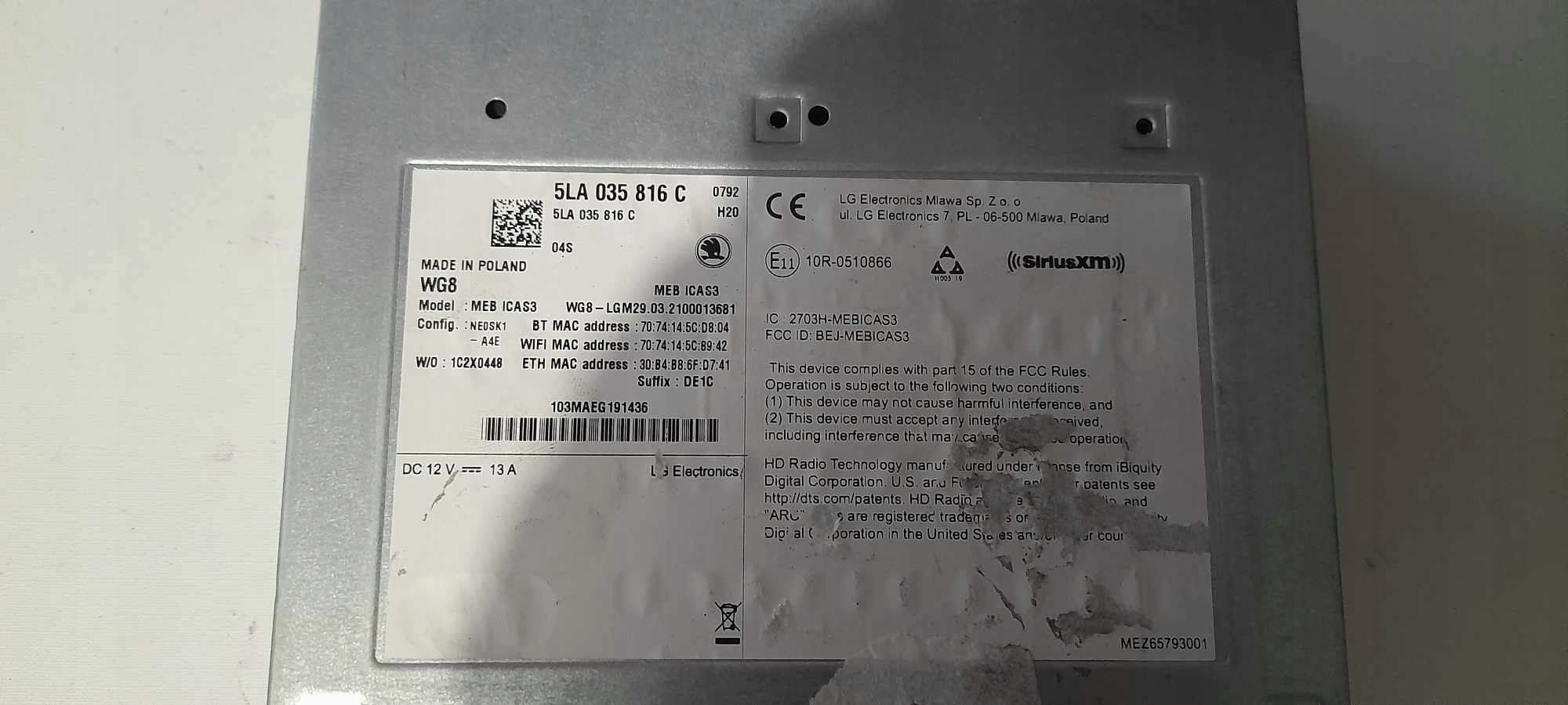 player control unit MULTIMEDIA MIB3 SKODA ENYAQ 5A 2021 - 5LA035816C