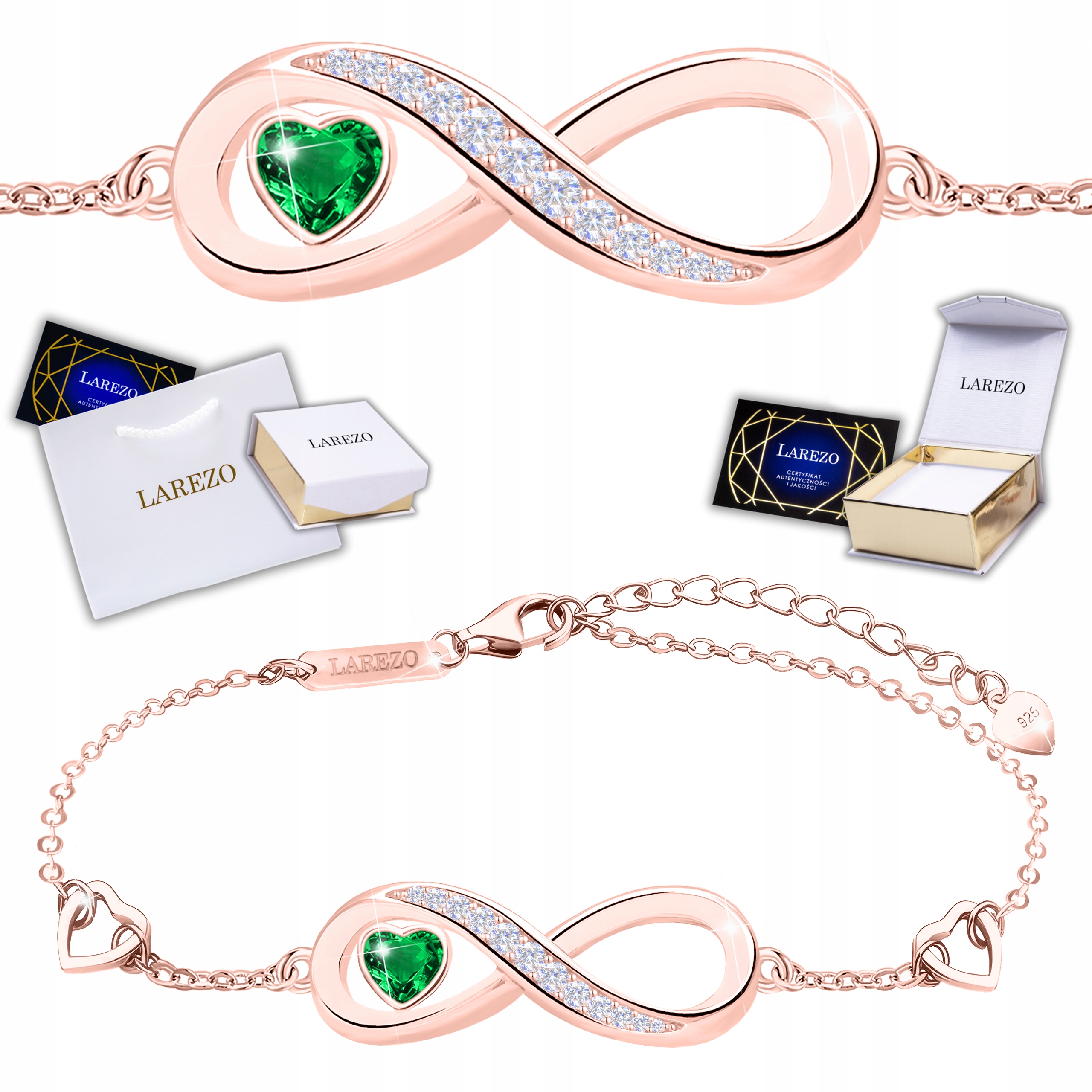 Růžový náramek 18K Symbol nekonečna s Zeleným Zirkon Stříbro 925