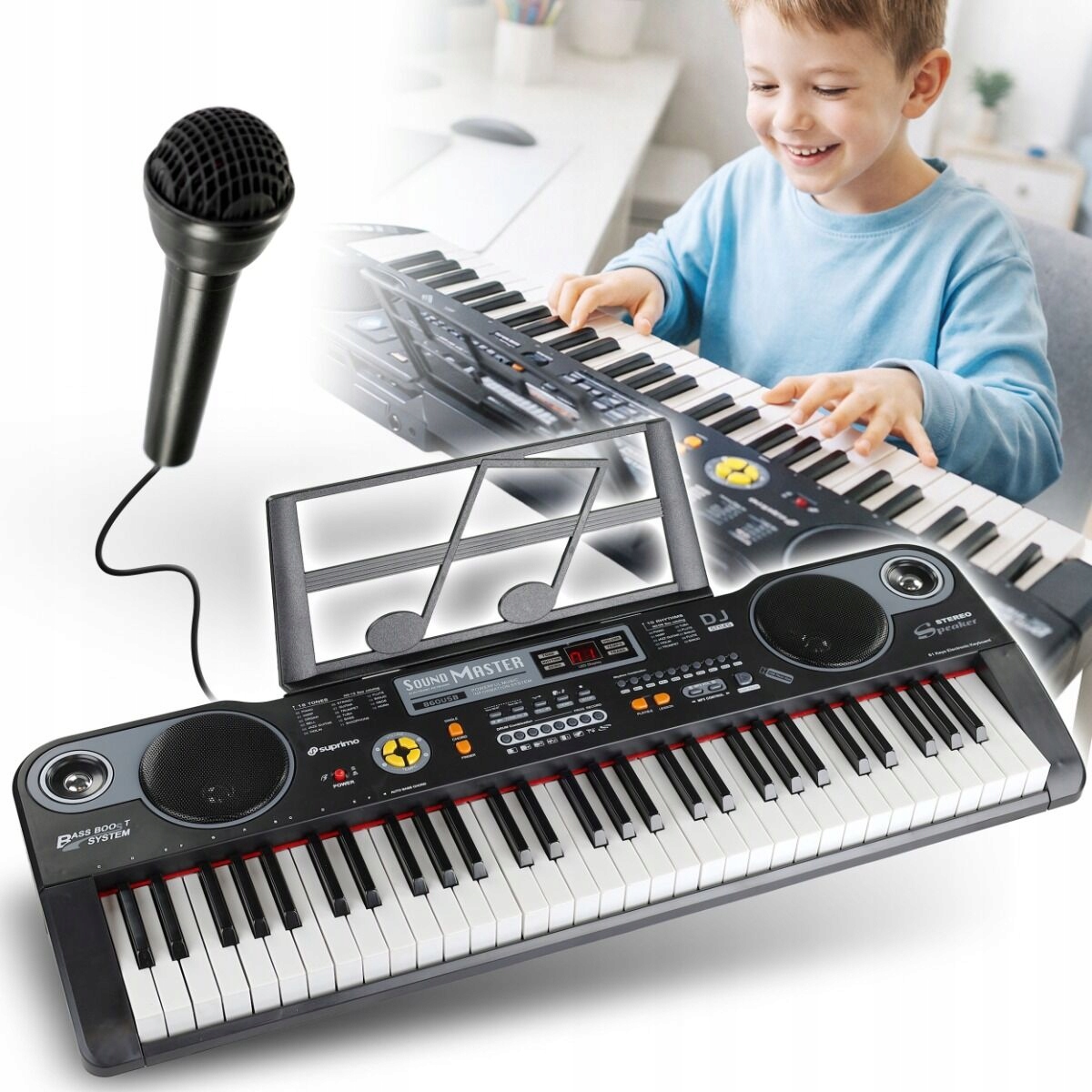 DUŻY KEYBOARD PIANINO ORGANY DLA DZIECI 61KLAWISZY TRYB LEKCJI USB+MIKROFON