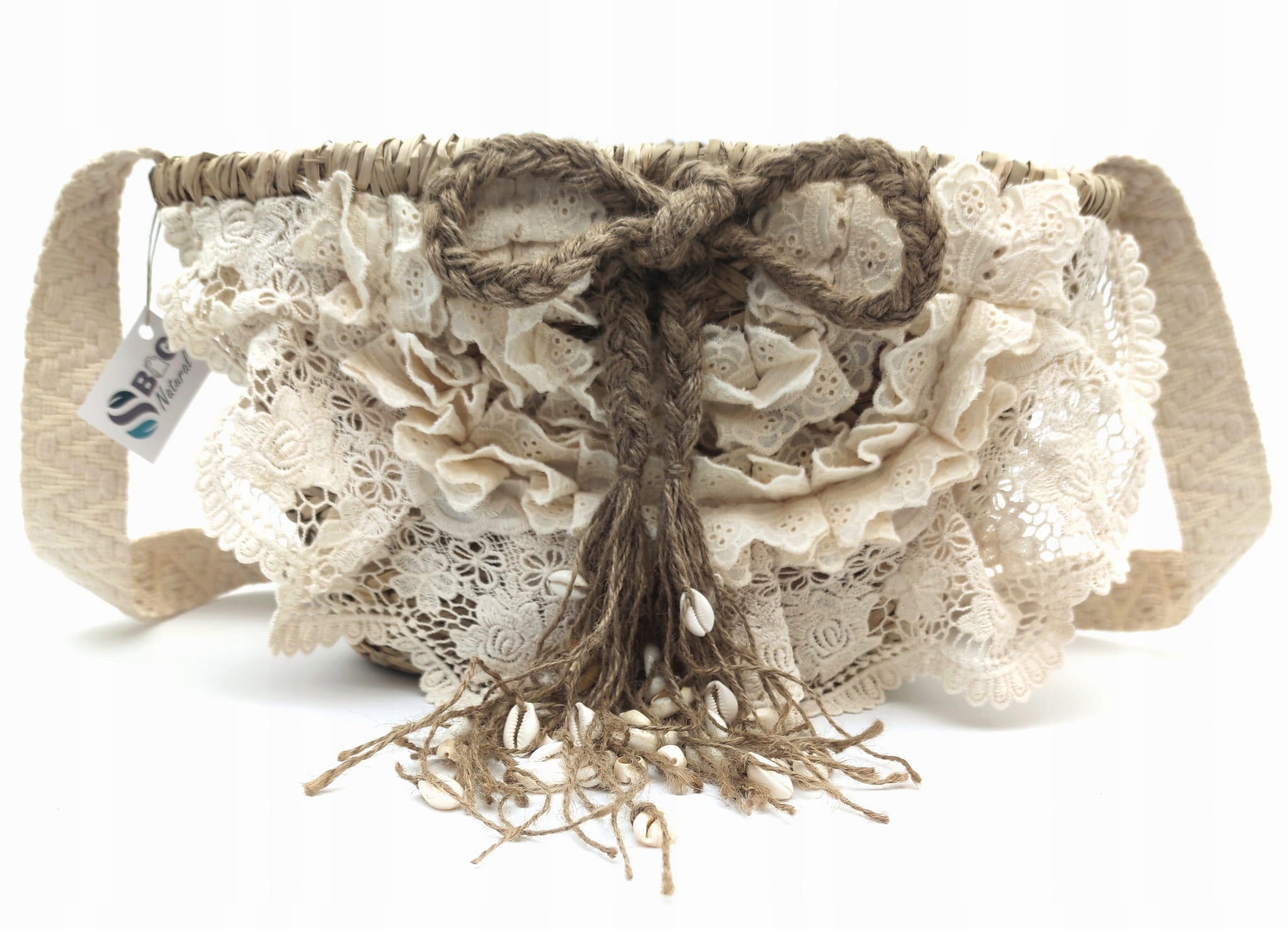 Taška Košík Boho Kabelka Přes Rameno Pletená Falbanki s mušlemi Veganská Eko