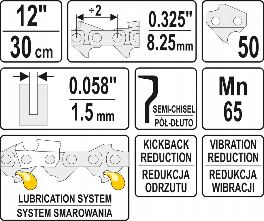 YATO - ŁAŃCUCH TNĄCY DO PILARKI 12" .325" PÓŁ DŁUTO Długość (m) 0.3