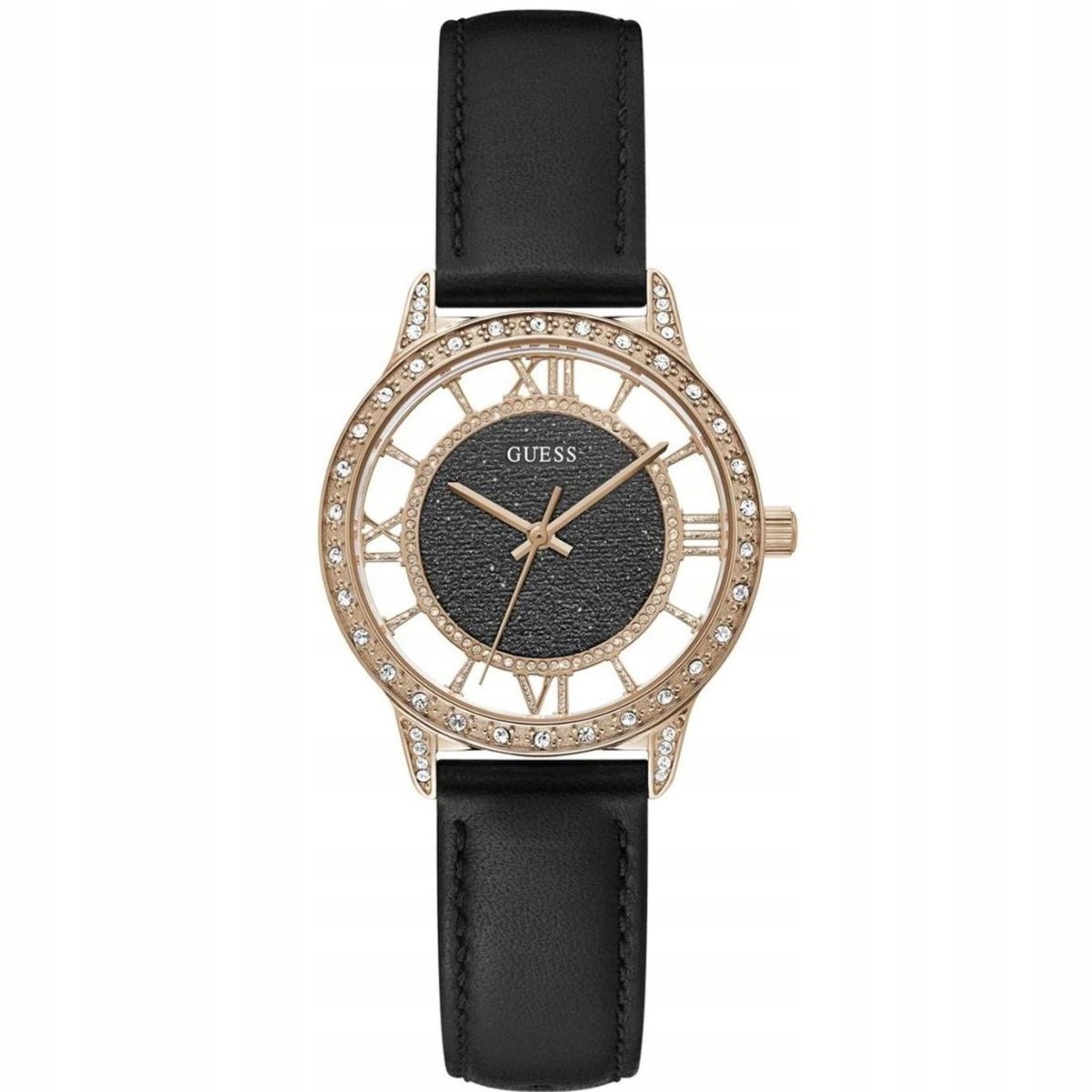 Guess Ethereal dámské růžovozlaté hodinky s černým řemínkem GW0376L2