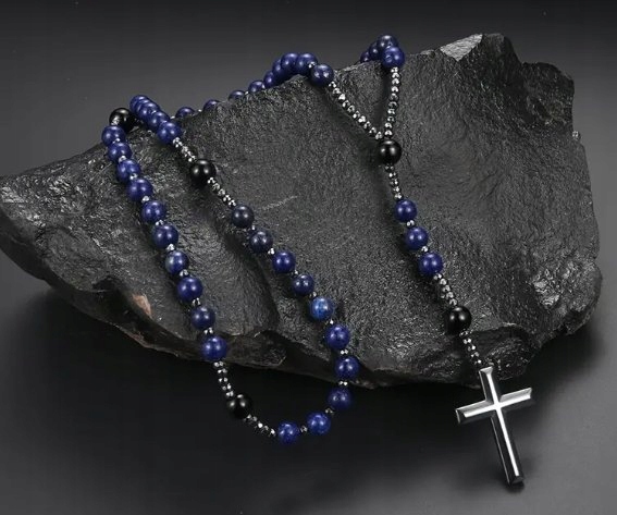 Elegantní růženín z přírodního kamene a hematitu modrý achát 76cm