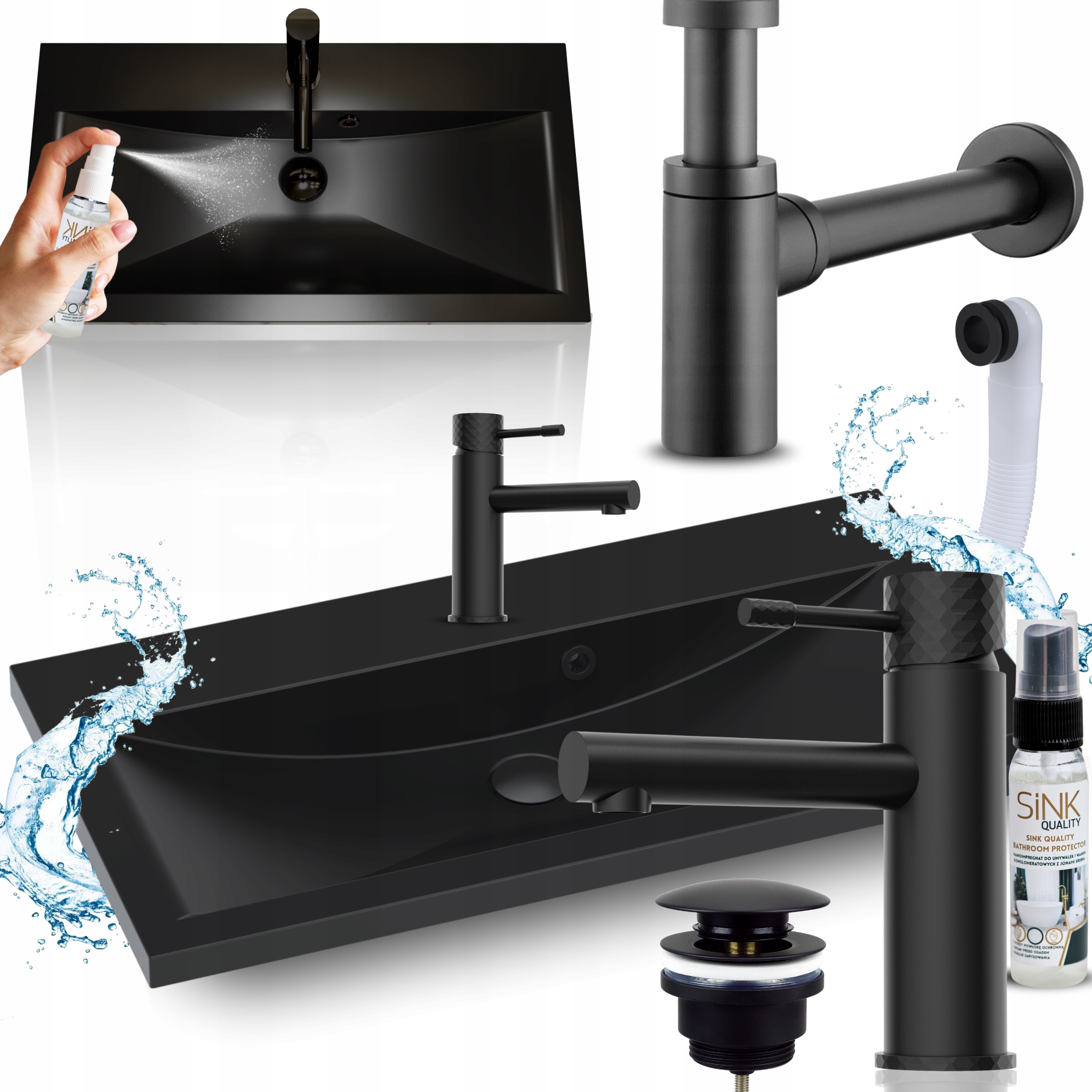 Set Umyvadlo 80 Černá Granitová Koupelnová Baterie Mat Sifon Korek 8v1