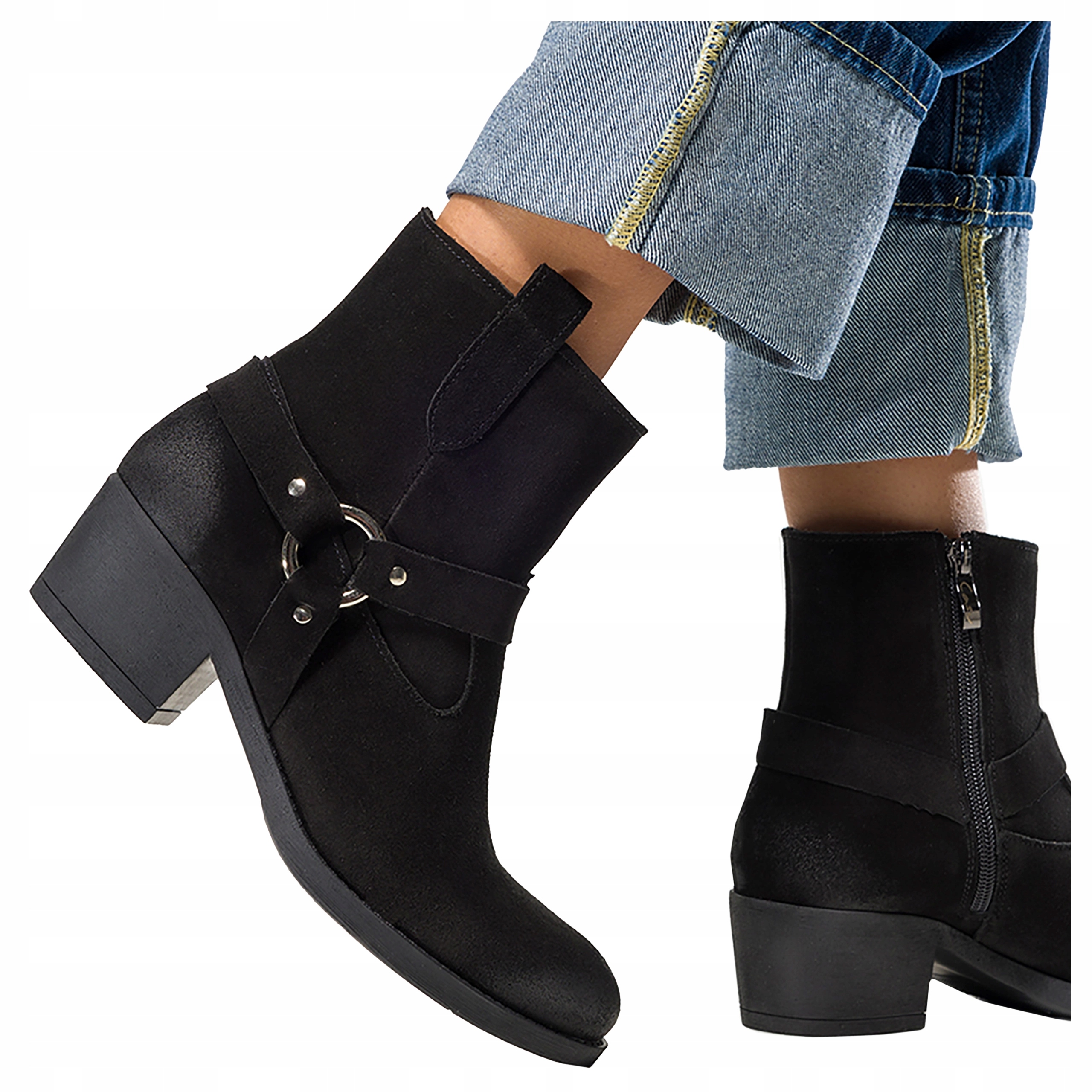 Černé Kožené Dámské Kotníkové Boty Kovbojské Boty Podpatek Klocek Pohodlné Módní velikost 38