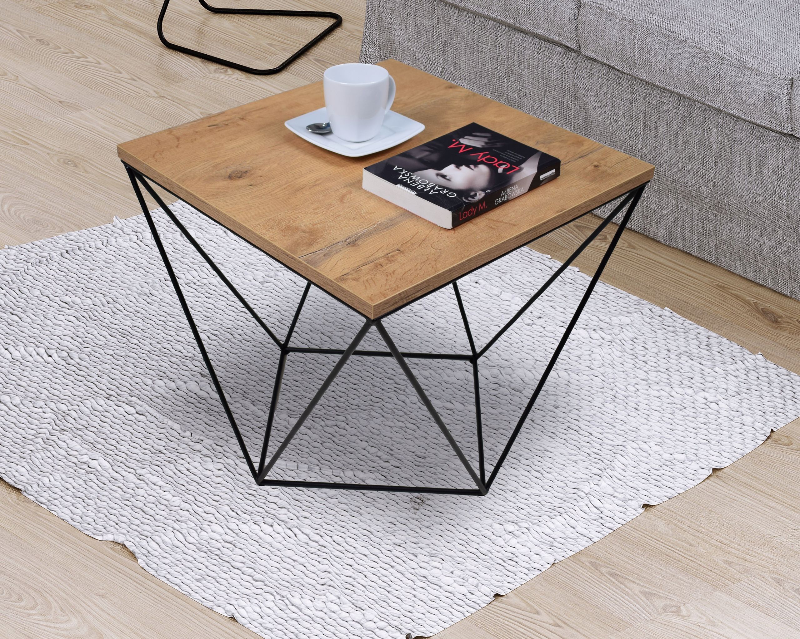 Kawowy Stolik Druciany Kwadratowy Loft Industrial Czarny+Dąb Lancelot Szerokość mebla 50 cm