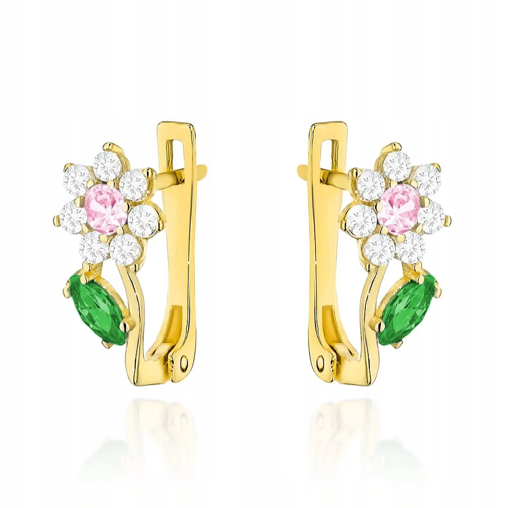 Náušnice 585 květina s růžovým kamenem a zeleným lístkem