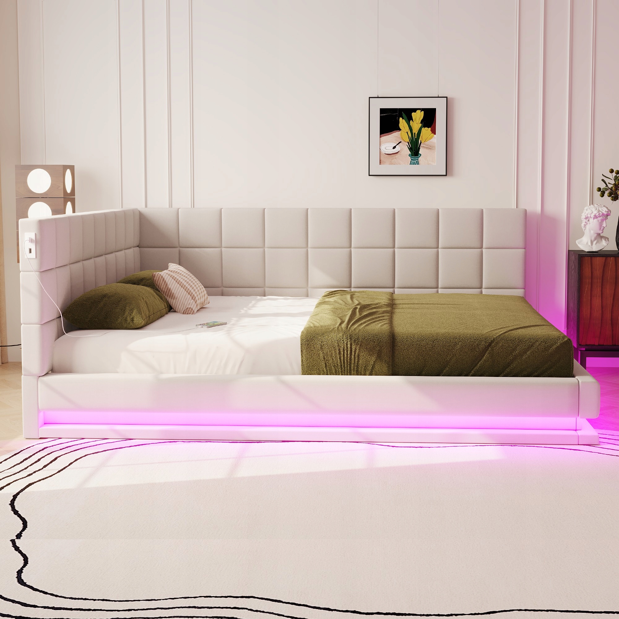 Čalouněná jednolůžková postel Rozkládací pohovka 160x200 Usb Led Béžová