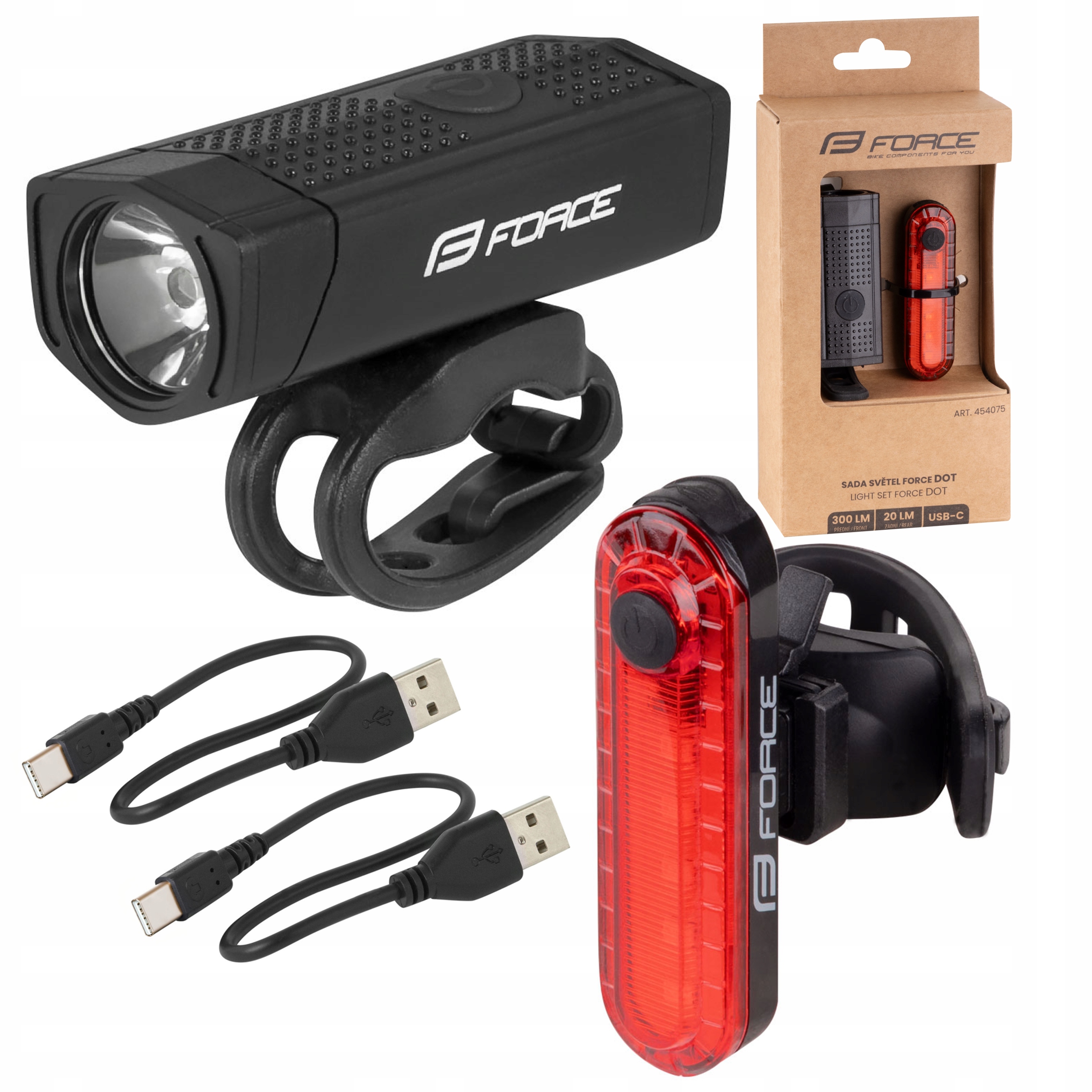 Zestaw lampek rowerowych Force Usb Dot przód+tył – Led, ładowane Usb 300lm