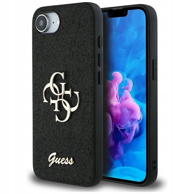 Guess Fixed Glitter Big 4G – pouzdro pro iPhone 16e (černé)