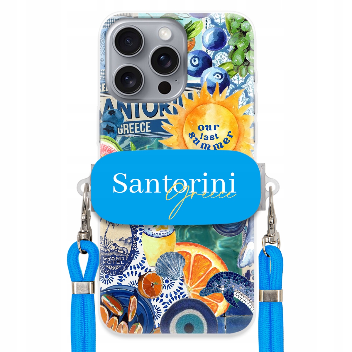 Puzdro pre iPHONE 16 Pro Max Modré Crossbody vodítko držiak Santorini Sea