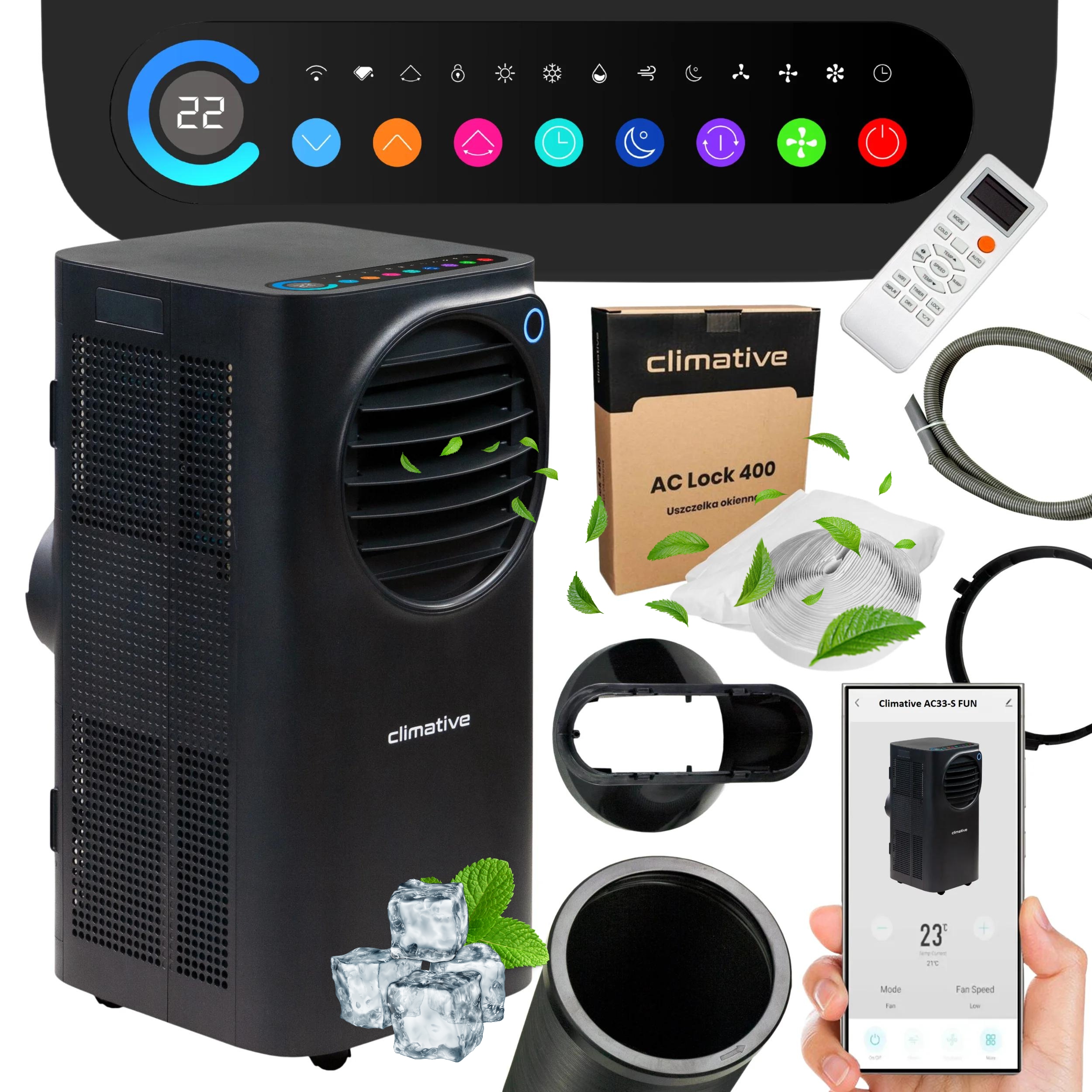 Mocny Klimatyzator przenośny Fun WiFi Kolorowy Led 3,3kW 35m2 osuszacz 3w1