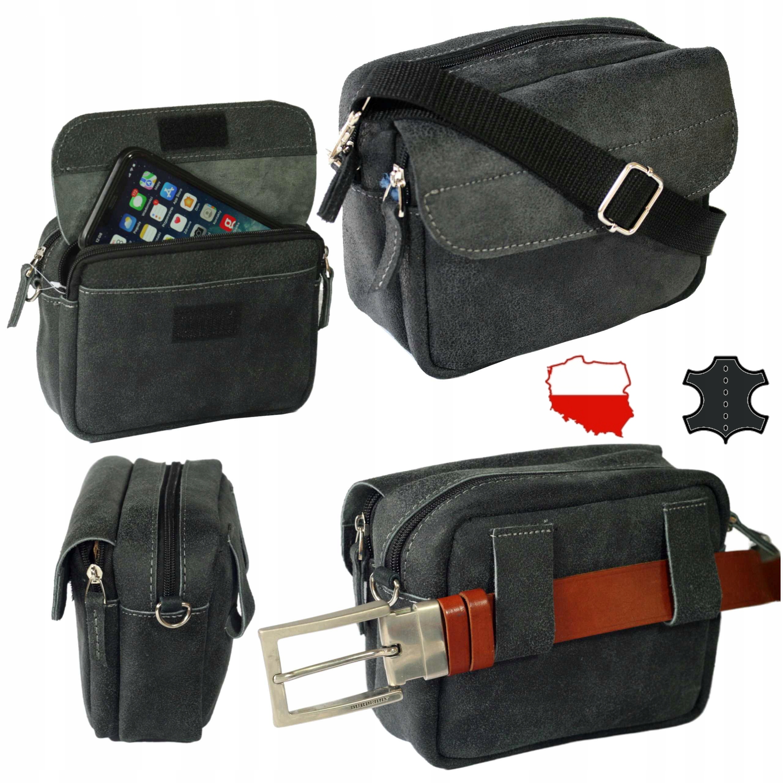 Pánská kožená taška přes rameno na opasek malá polská výroba šedá