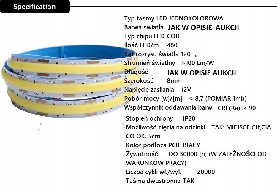 TAŚMA COB LED 12V 48O DIÓD 1M. ZASILACZ NEUTRALNA Rodzaj oświetlenie garderoby