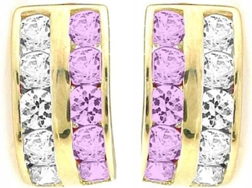 Zlaté široké náušnice s čárkami pro dívky s růžovými a bílými zirkony 585